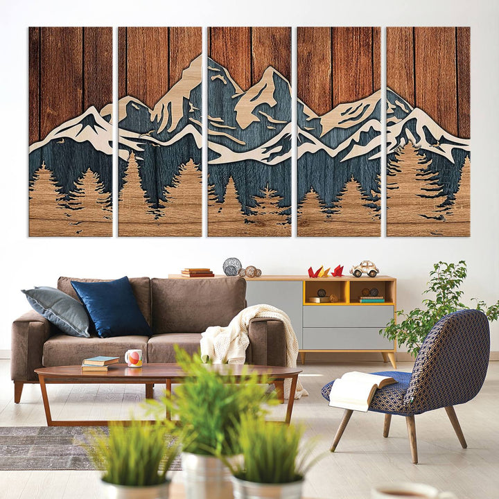 Rustic Wood Style Mountain Wall Art hangs on the wall.