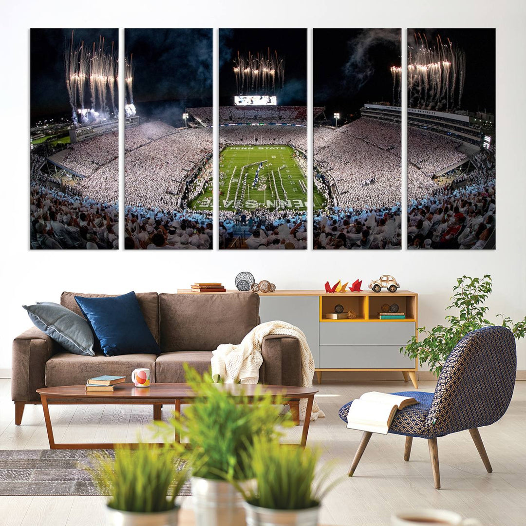 The perfect Penn State Football canvas wall art features a depiction of Beaver Stadium filled with fans in white, with fireworks exploding above.