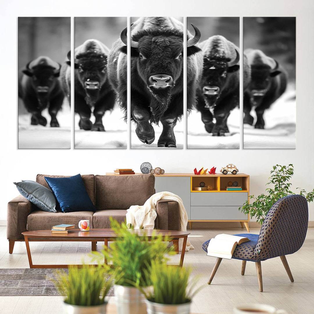 A black and white American Bison herd canvas print adorns the wall.