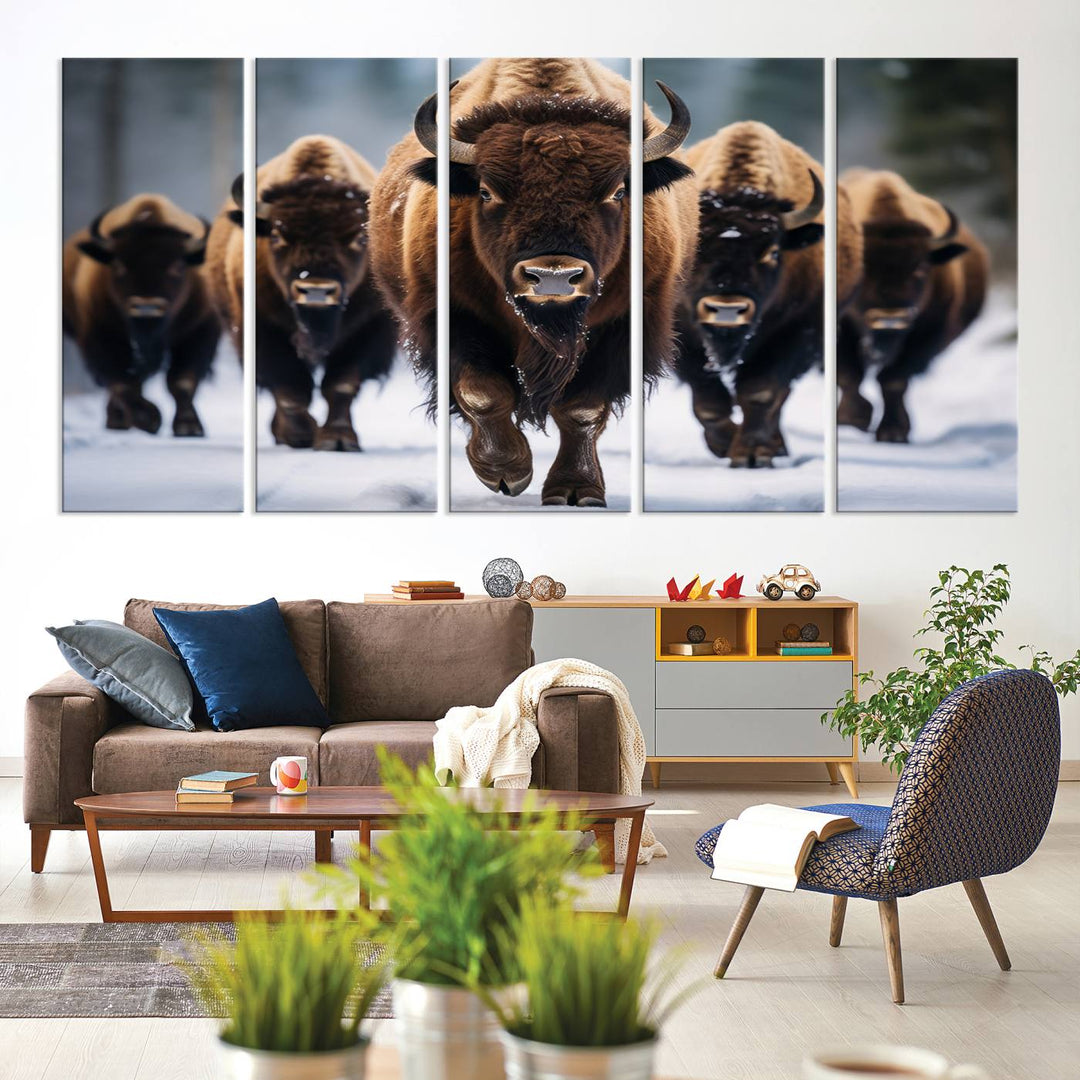 The dining room features an American Bison Herd Canvas Print against the snow.