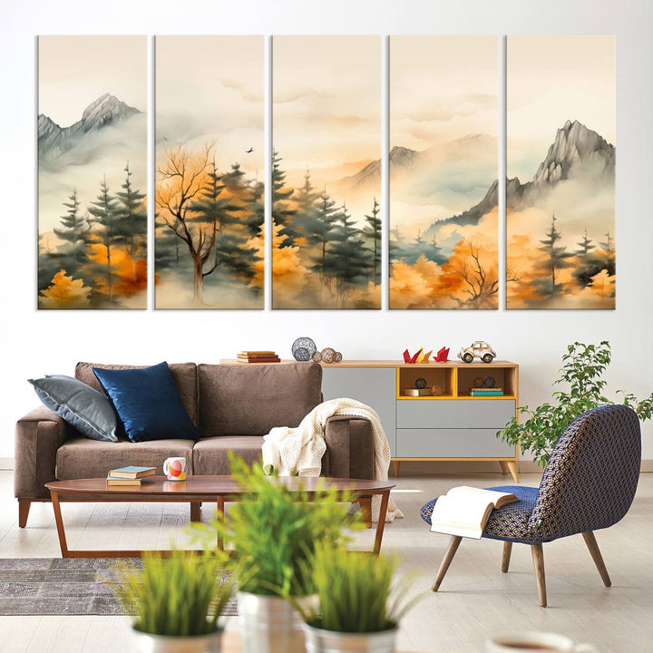 A wall art of Abstract Watercolor Mountains and Trees Autumn on museum-quality canvas.