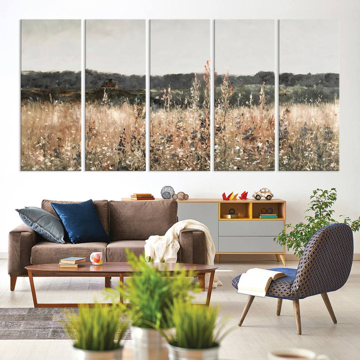 A dining room featuring the Abstract Wildflower Art Field Landscape Oil Painting Print.