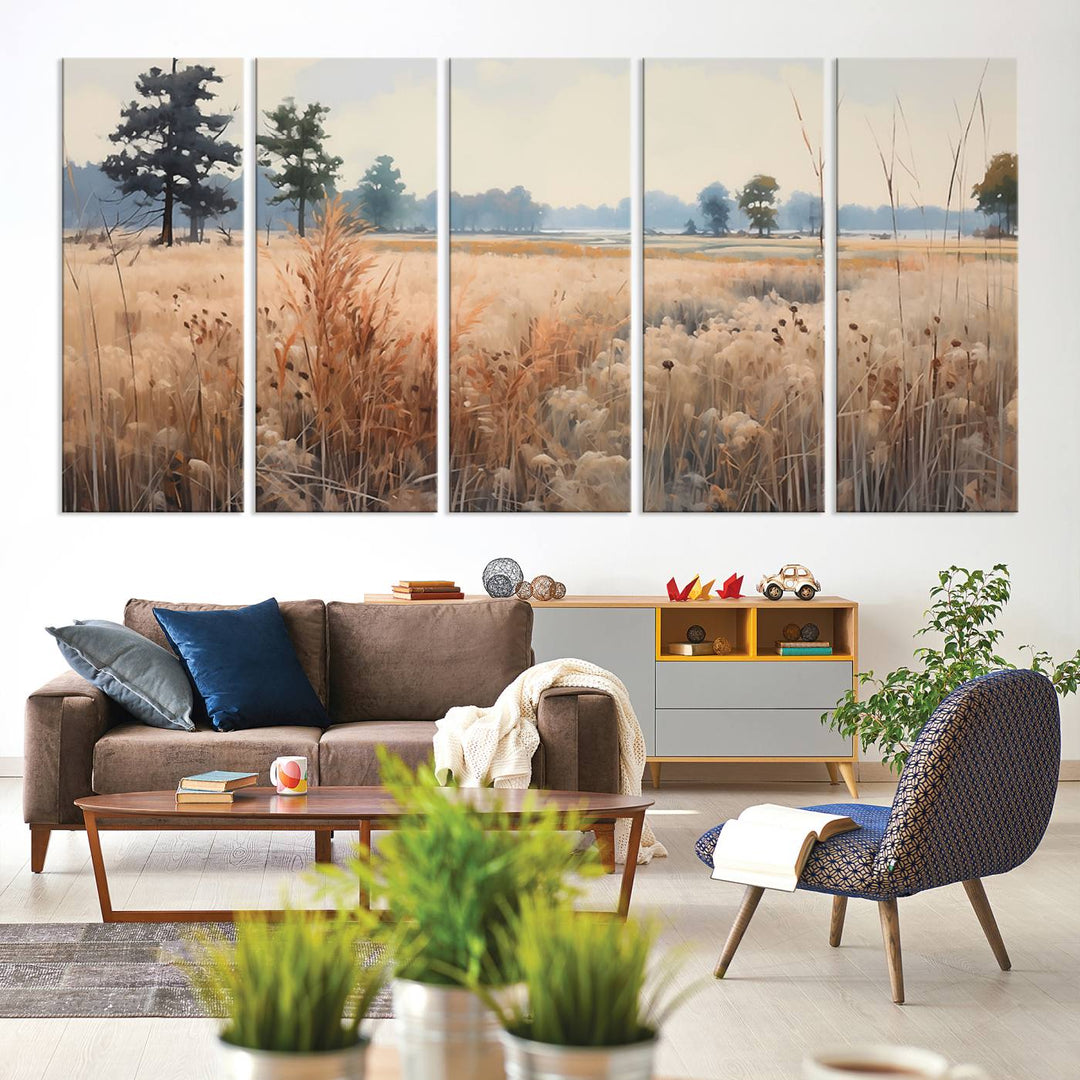 The Golden Fields Canvas Art Print, depicting a serene landscape, adds tranquility with its presence.