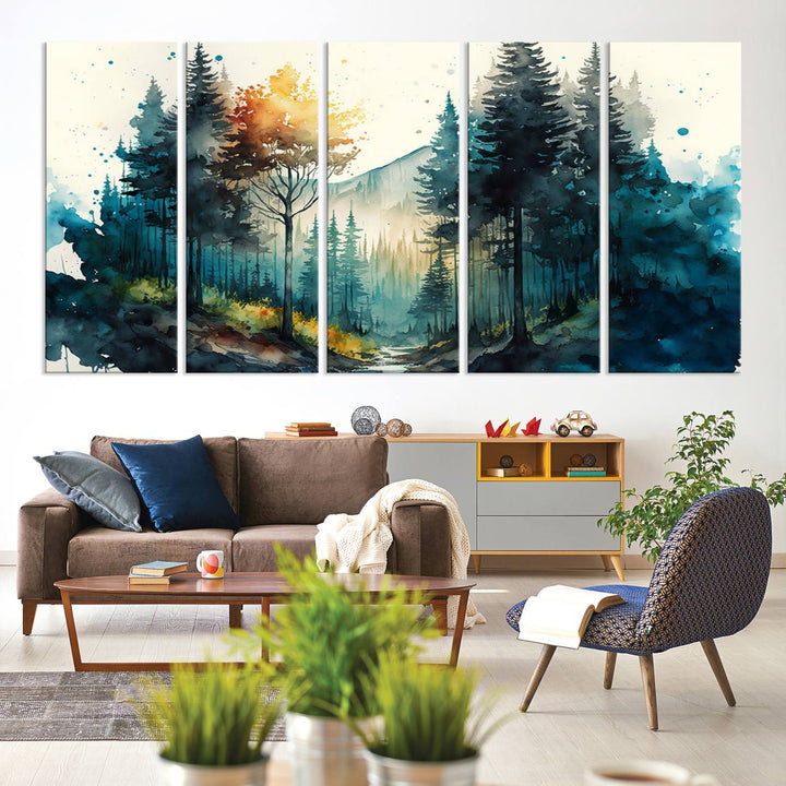 The Watercolor Trees Forest Abstract canvas print is displayed prominently.