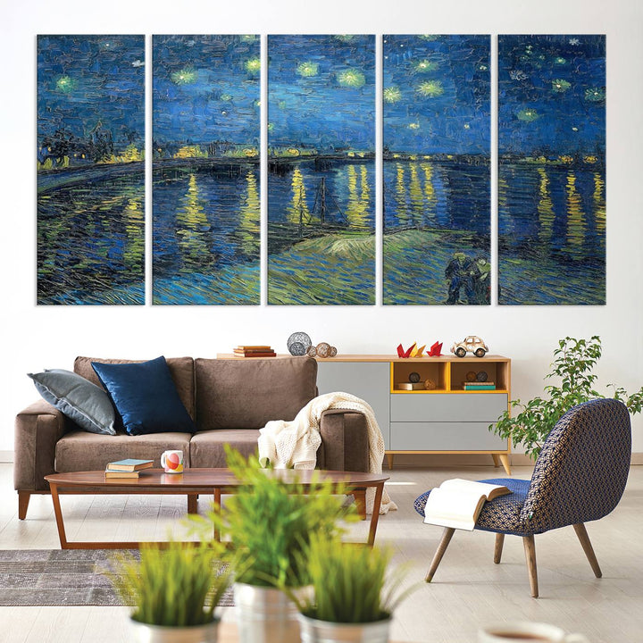 A Vincent van Gogh Starry Night over the Rhone canvas print is displayed on a porch.