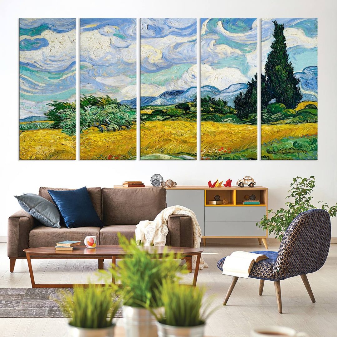 A kitchen featuring Wheatfield With Cypresses Van Gogh canvas wall art.