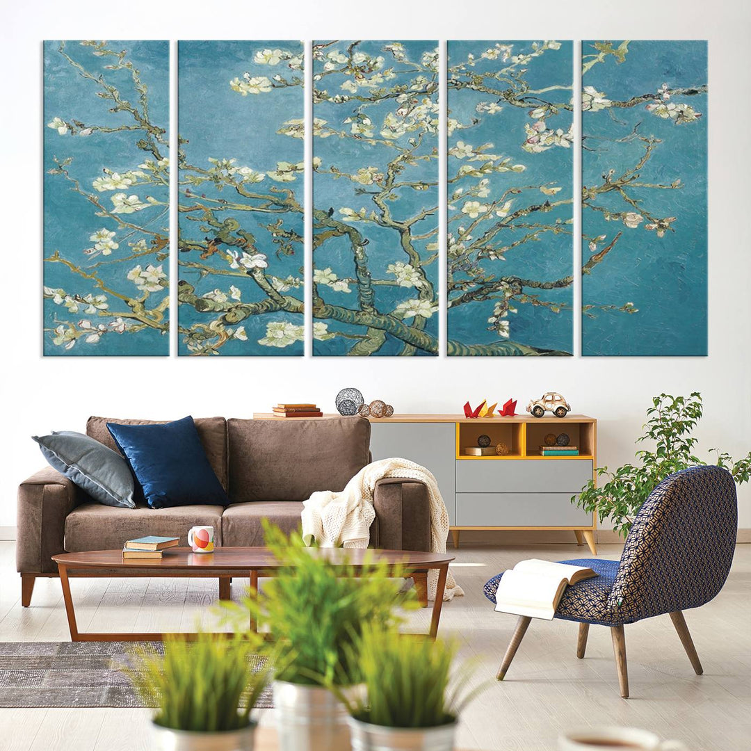 The wall art, Vincent Van Goghs Almond Blossom, stands out with its vibrant depiction against a serene blue background.