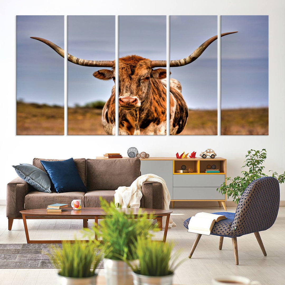 The Texas Longhorn Wall Art Print is displayed in a stylish living room.