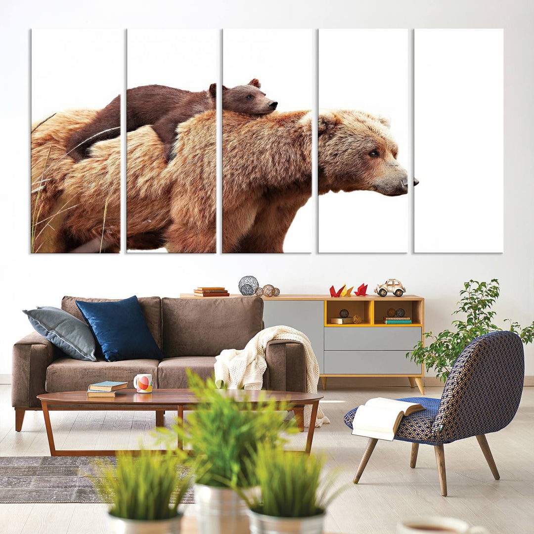 Mother and Baby Bear canvas: an adorable wildlife print displayed on a dark green wall.