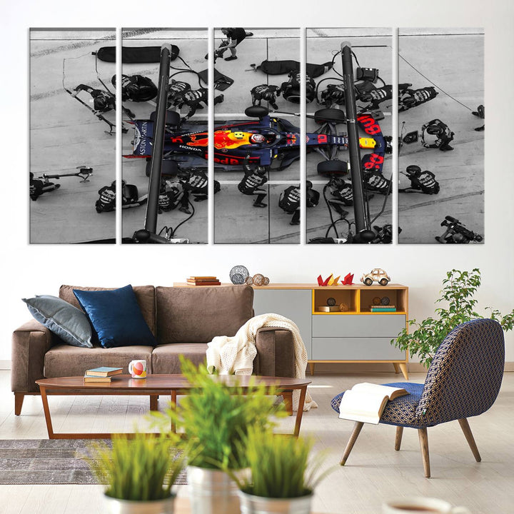 Red Bull Formula 1 Canvas Wall Art Print: An aerial view of a Formula 1 pit stop featuring a Red Bull car on premium canvas.