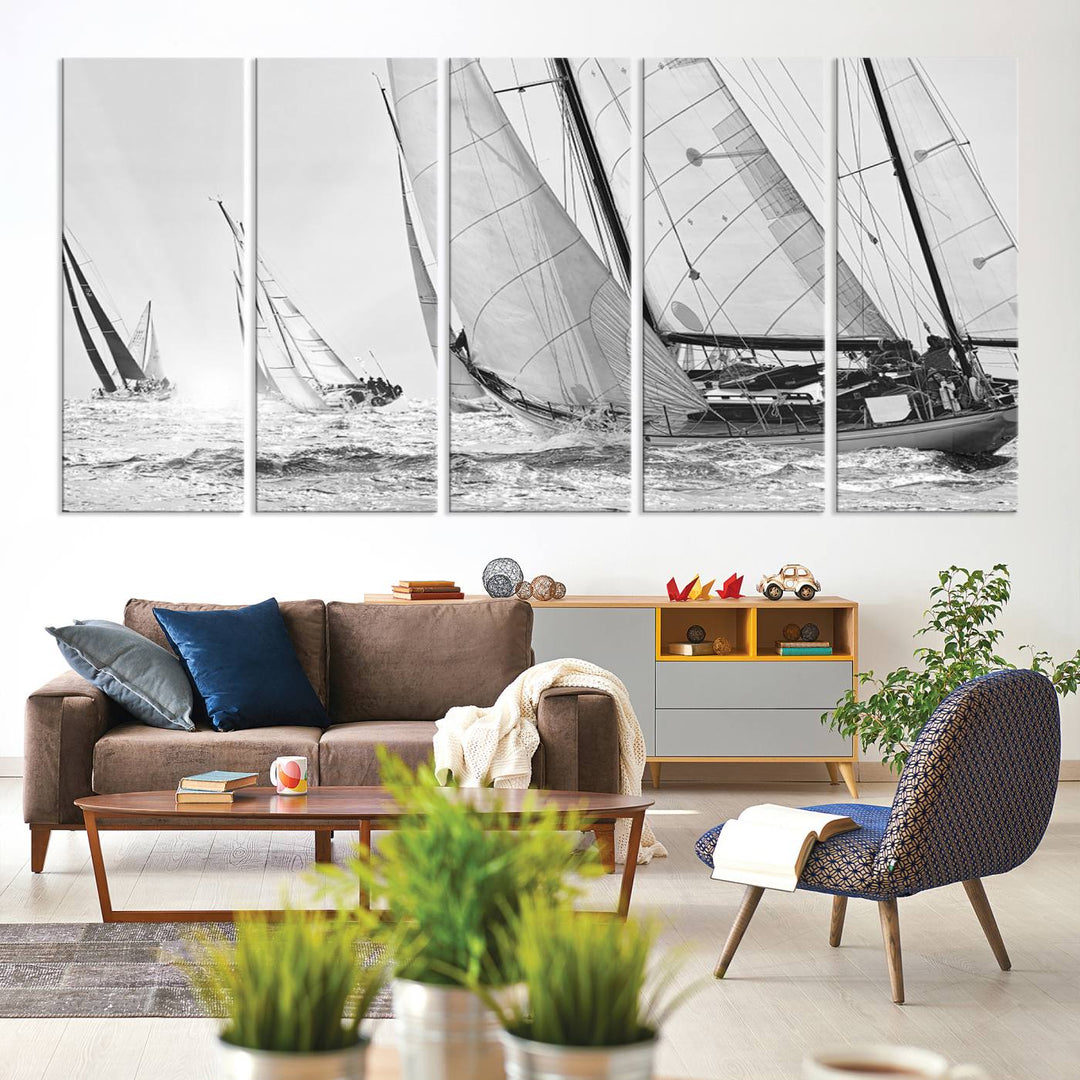 Yacht Sailboat Regatta canvas print on a textured wooden wall.