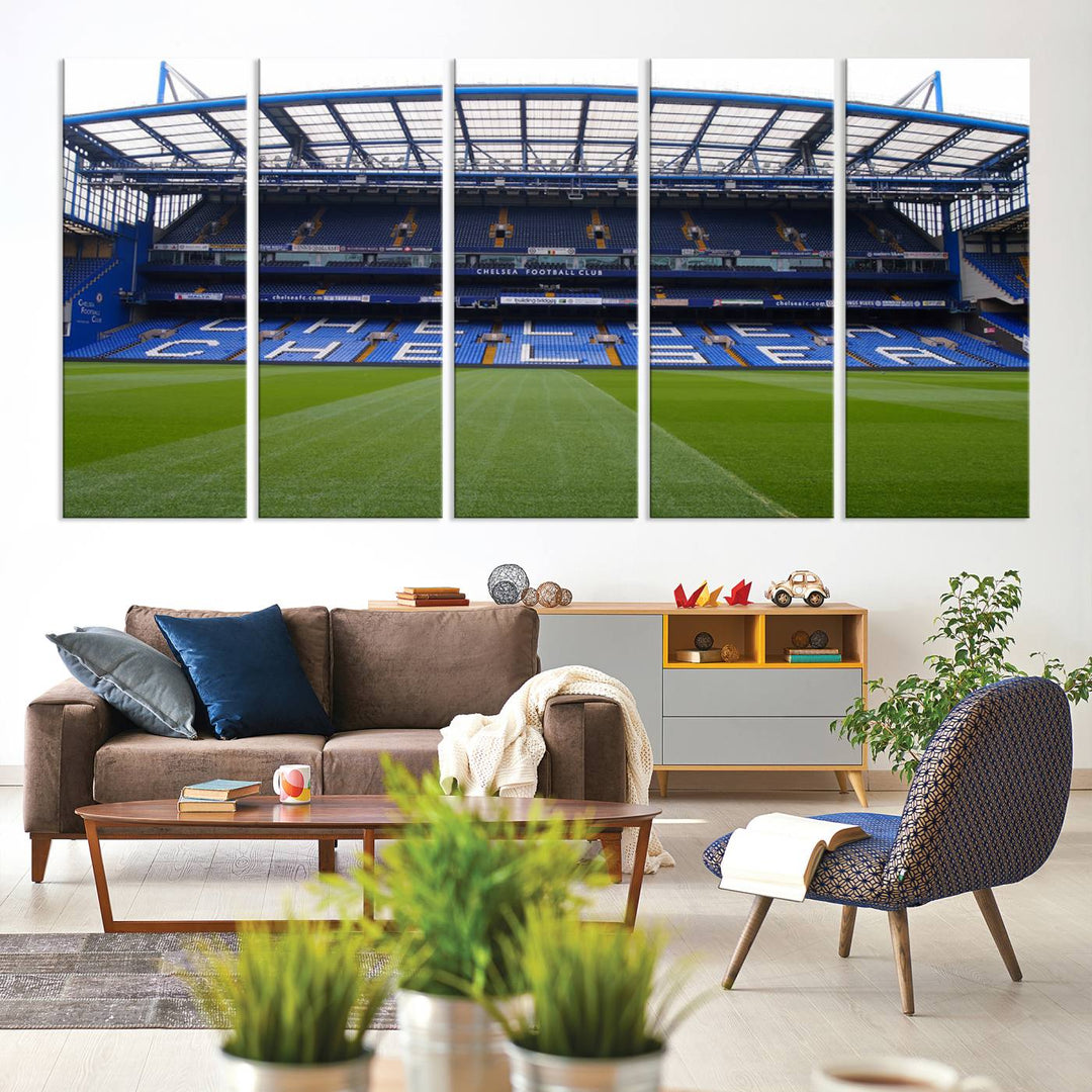 The wall art features a Chelsea FC Stamford Bridge Stadium canvas print.