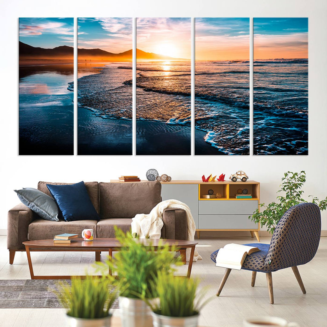 The Sunset Beach Ocean Canvas Wall Art – Tranquil Reflections at Dusk enhances the ambiance with its captivating depiction of serene ocean views at dusk.