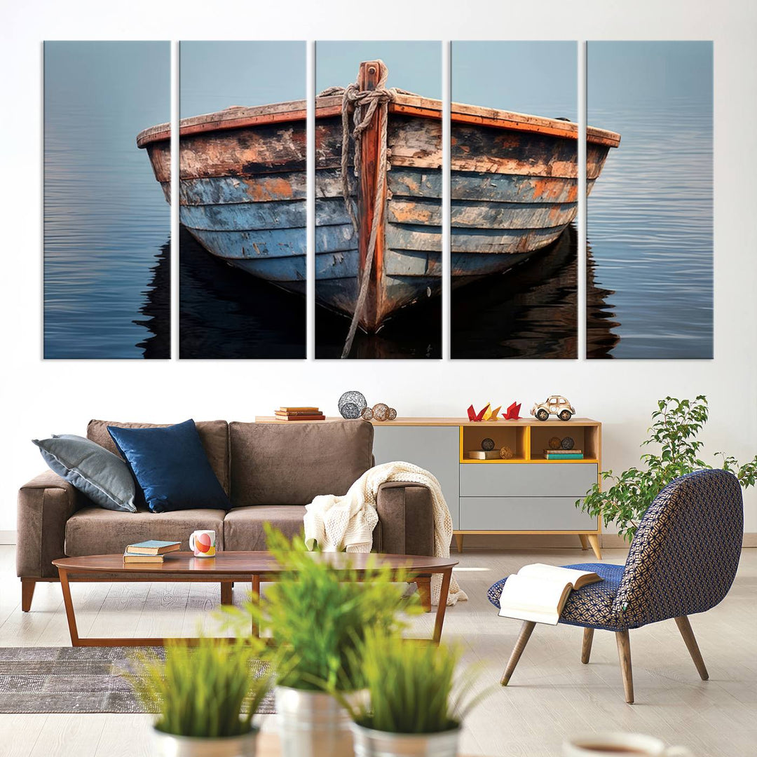 Stunning vintage boat canvas print featuring a calm water scene.