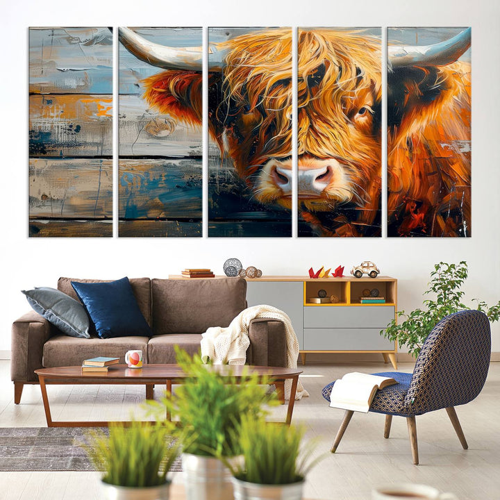 The dining room features Highland Cow Abstract Canvas Wall Art in a farmhouse rustic decor style.