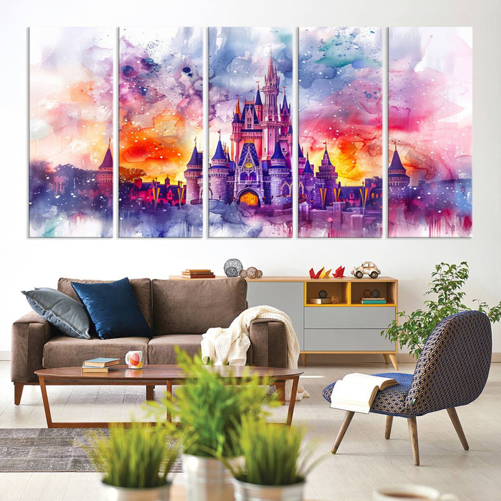 The watercolor Disney Wall Art showcases Cinderellas Castle in pink, purple, and orange hues.