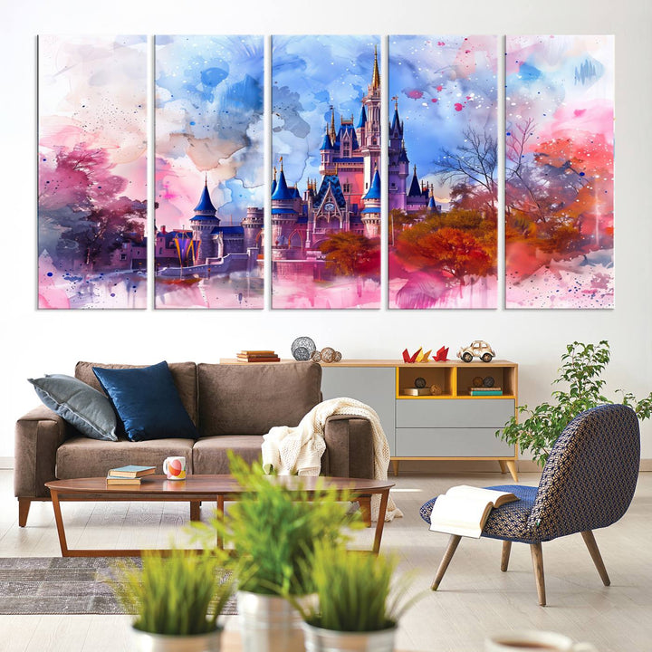 A Disney Wall Art: Dreamy Watercolor Cinderella Castle Canvas Print hangs prominently.