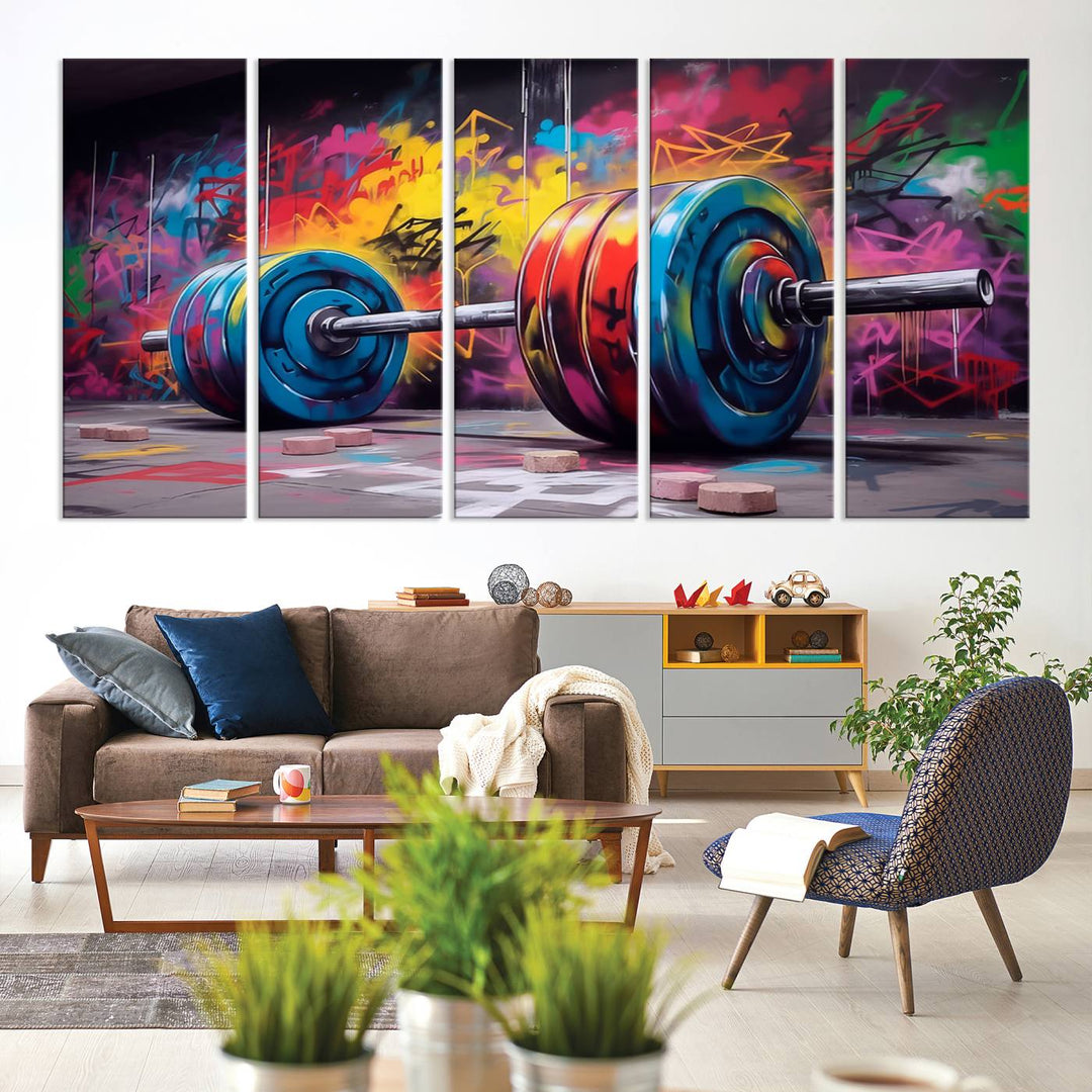 The Abstract Graffiti Barbell Canvas Wall Art is displayed on a porch.