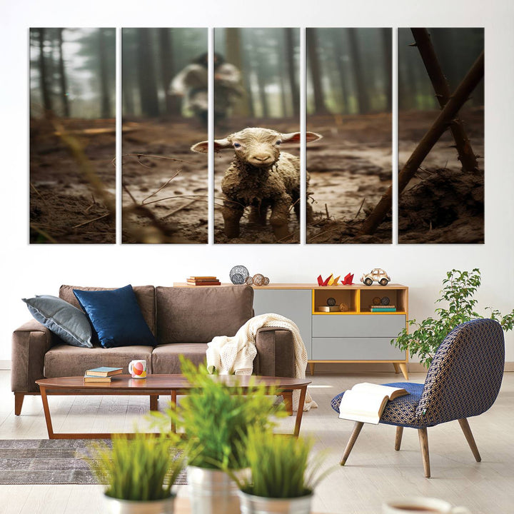 The Jesus Lost Lamb Canvas Wall Art features a heartwarming woodland scene, beautifully capturing the essence of serenity and grace.