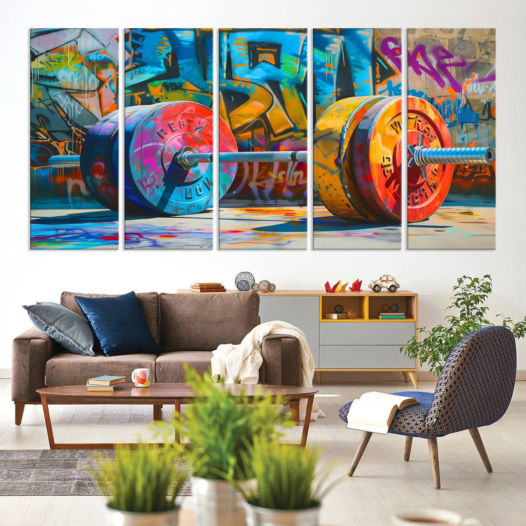 A Fitness Gym Barbell Graffiti Wall Art Canvas Print is displayed.