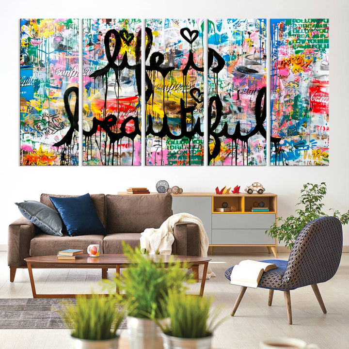 The Life Beautiful graffiti style canvas print is showcased in black script.