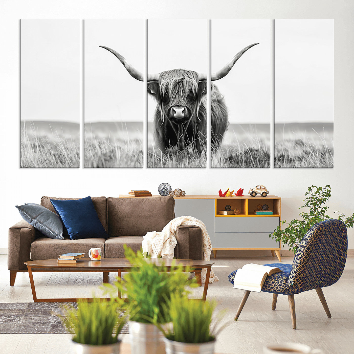 MGV-CV-60X31-5P - Highland Cow Canvas Wall Art – Majestic Beauty in Black and White – Ready to Hang