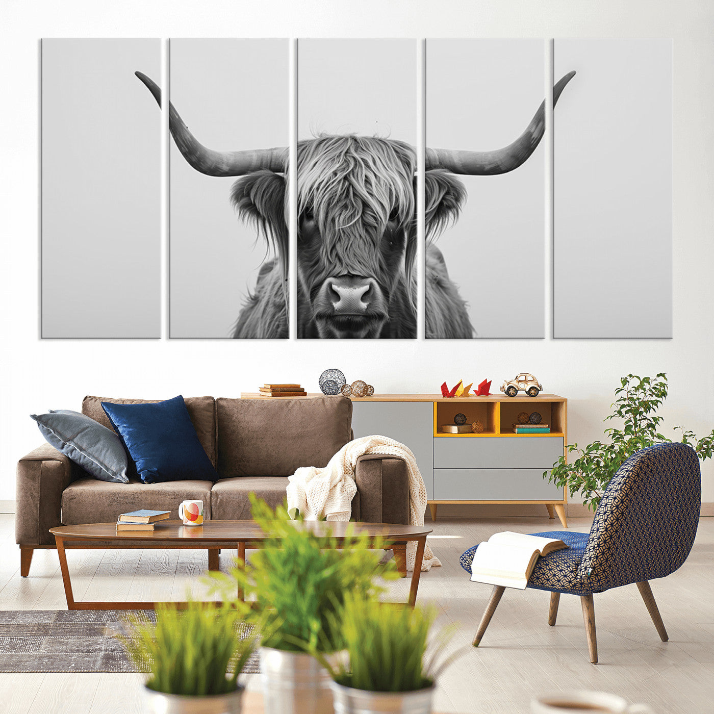 MGV-CV-60X31-5P - Farmhouse Longhorn Wall Art Canvas Print, Longhorn Texas Wall Art Canvas Print