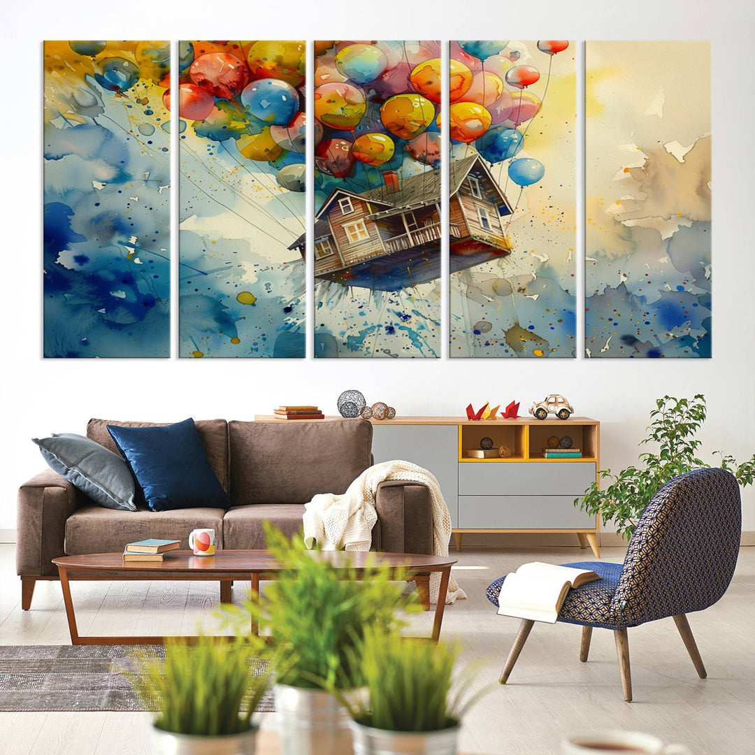 UP-Inspired Floating House with Balloons Triptych Canvas Art – Colorful 3-Panel Wall Decor for Living Room, Office, or Nursery
