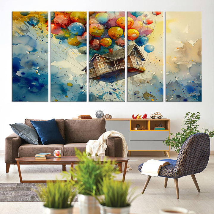 UP-Inspired Floating House with Balloons Triptych Canvas Art – Colorful 3-Panel Wall Decor for Living Room, Office, or Nursery