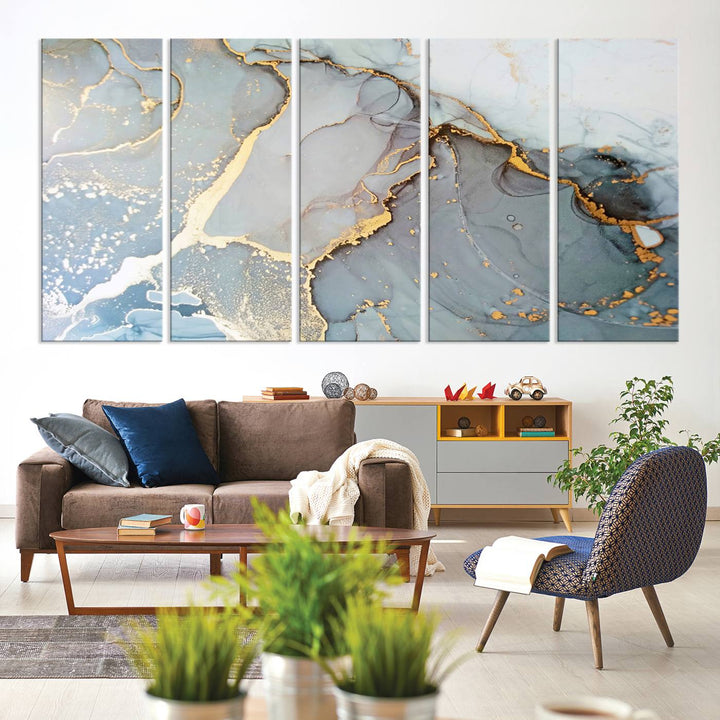 A blue and gold marbled Large Abstract Marble Wall Art Canvas Print hangs overhead.