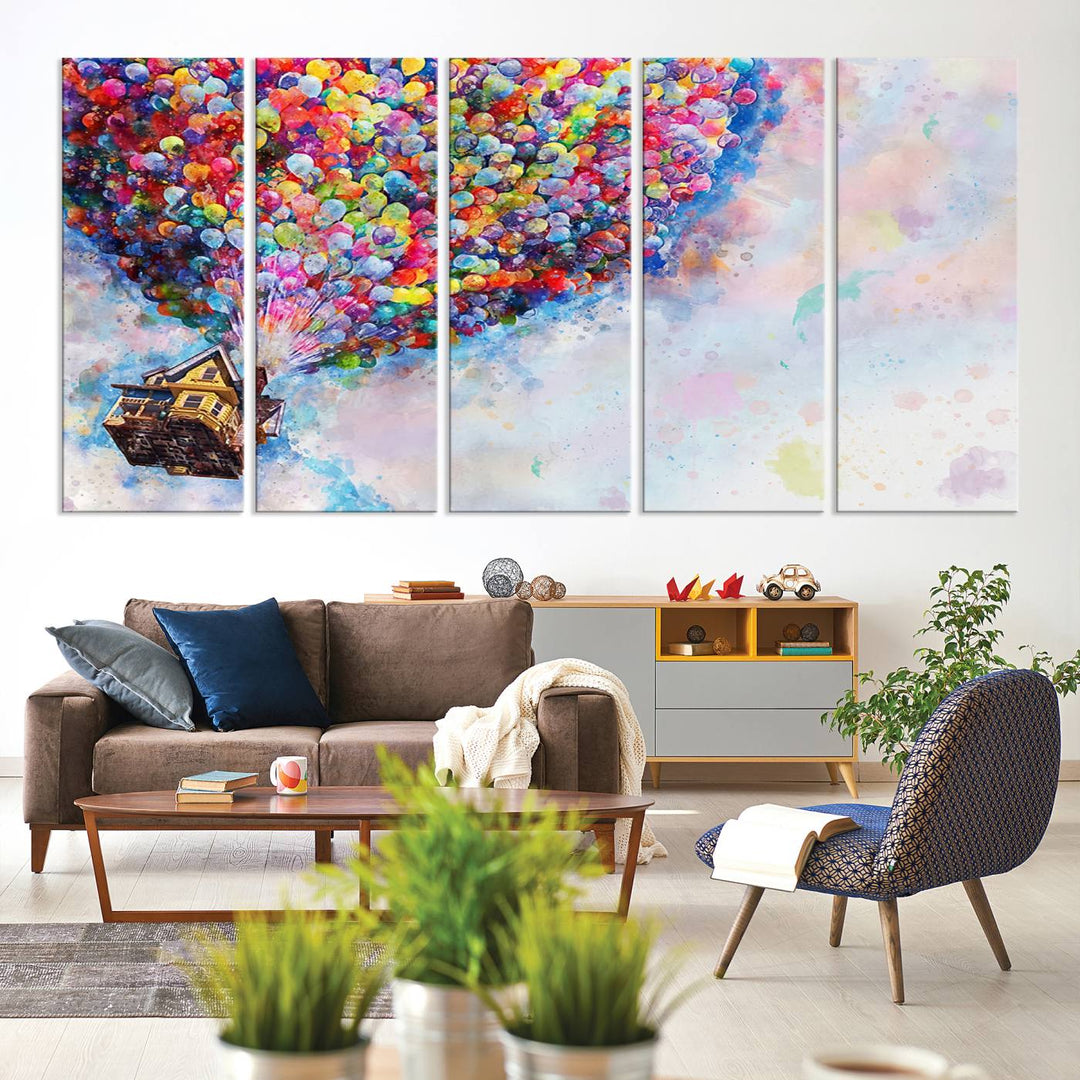 The Dont Look Up canvas wall art, featuring a house and balloons, brightens the kitchen wall.