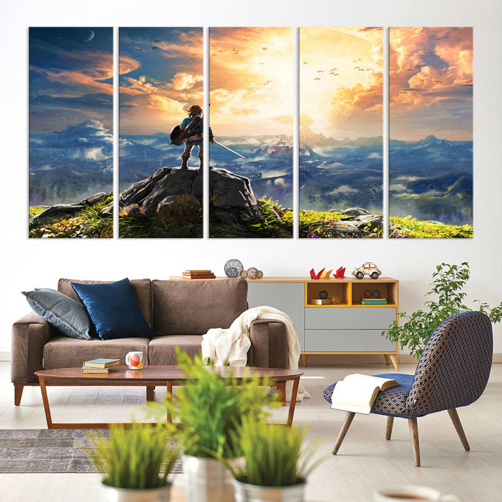 A vibrant Legend of Zelda Breath of the Wild canvas print depicts a figure standing on a rock with mountains and sky in the background.