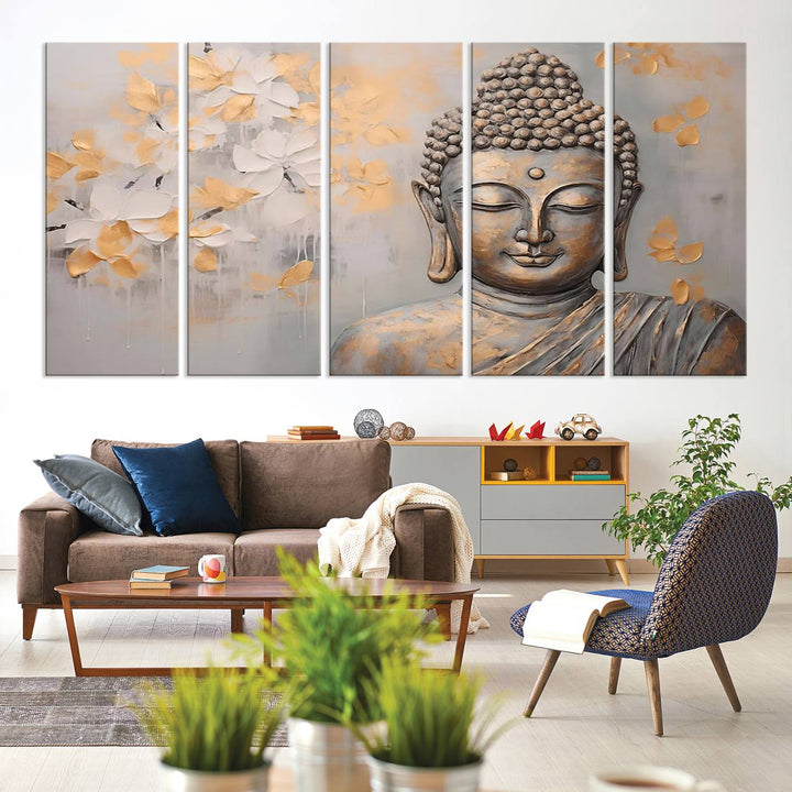 The serene dining room features Abstract Buddha Statue Wall Art.