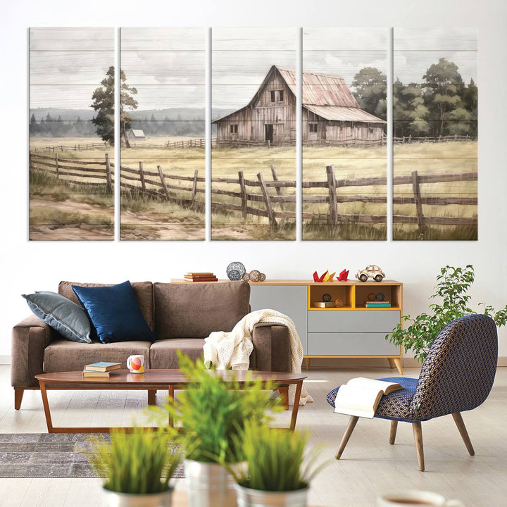 The wall is adorned with a Rustic Farmhouse Barn Wall Art.