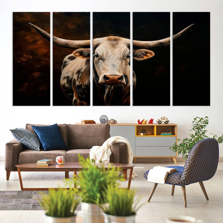 A large 3-panel Texas Longhorn canvas print dominates the space.