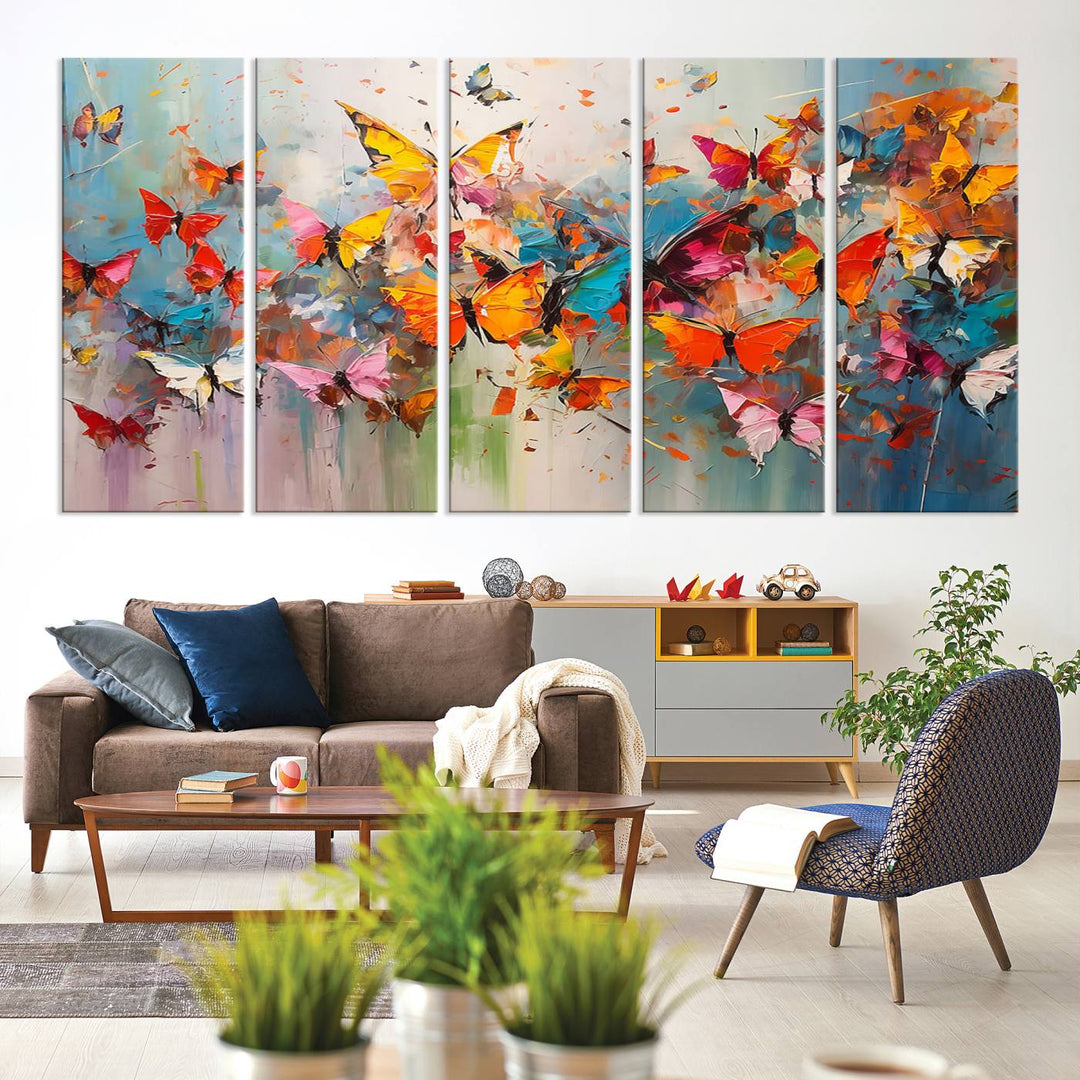 The Abstract Butterfly Wall Art Canvas Print hangs prominently, adding a touch of elegance and creativity to the room.