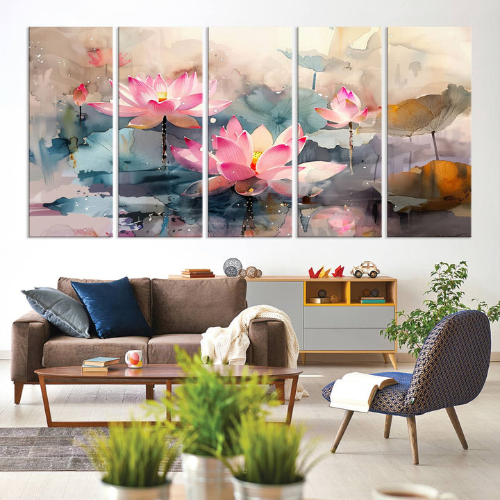 A pink lotus wall art adorns the space.