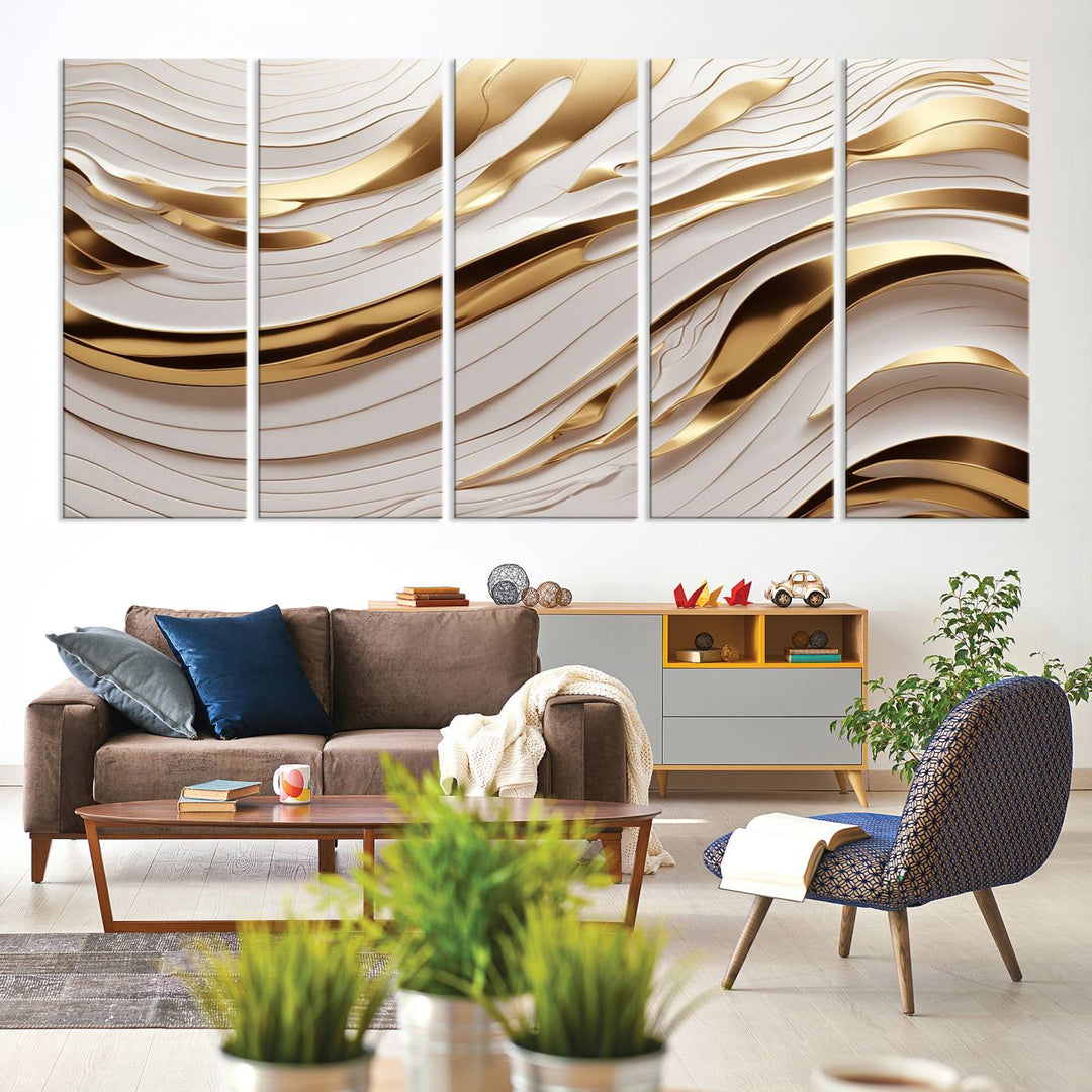 A Gold and White Abstract Wave Canvas with luxurious golden accents.