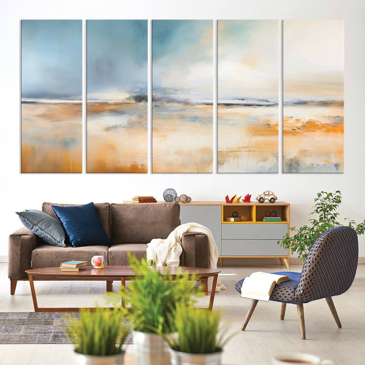 Abstract Landscape Wall Art in warm tones of orange and blue.