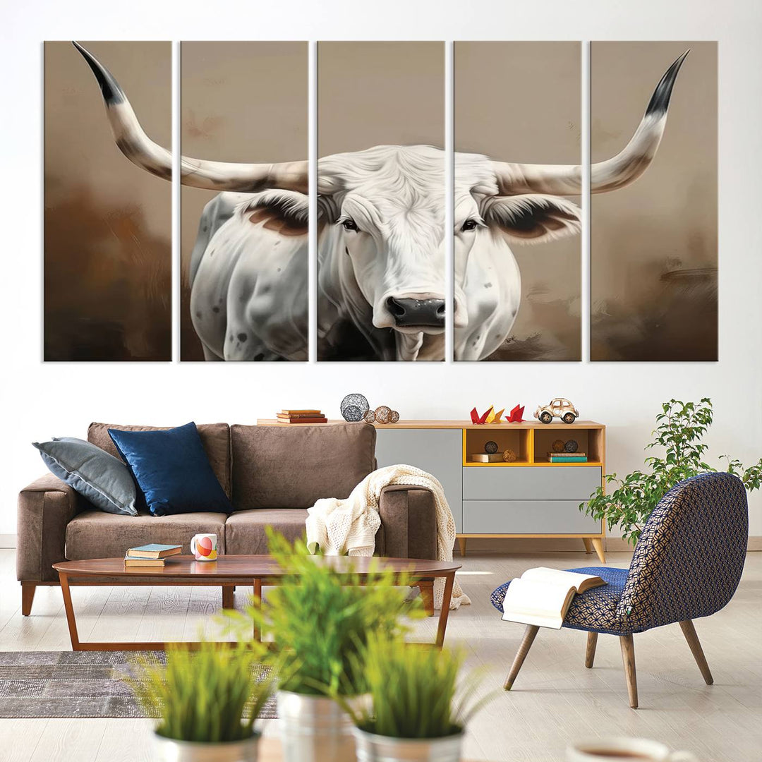 The kitchen features a striking canvas print of a Longhorn Bull.