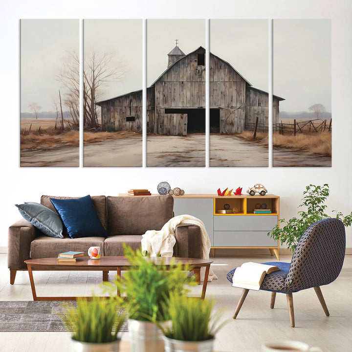 The Farmhouse Rustic Barn Wall Art Canvas Print, framed and ready to hang, enhances the farmhouse décor.