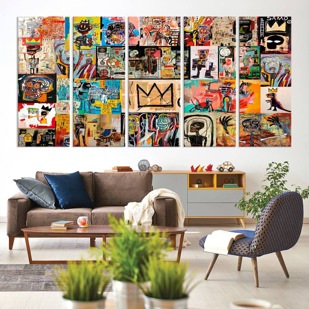 A Basquiat graffiti-style collage adorns the wall.