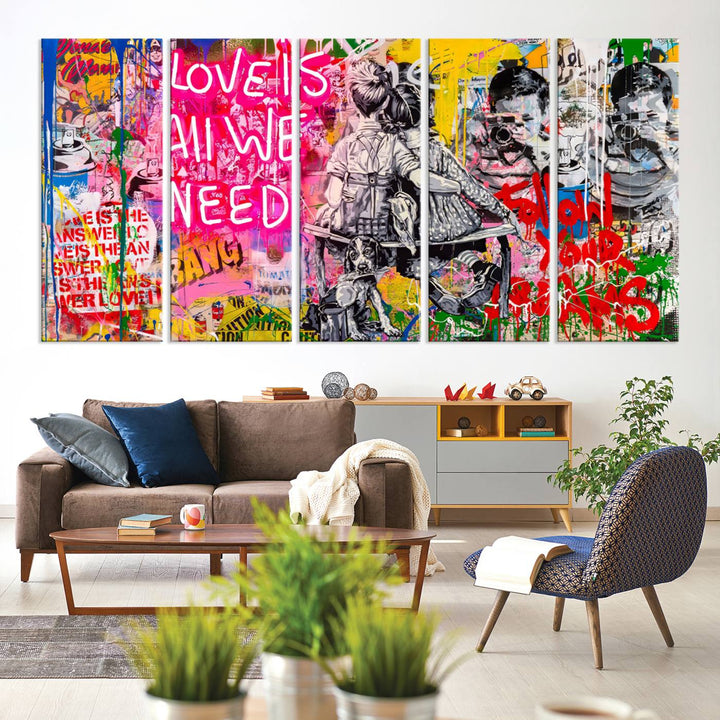 A vibrant and dynamic triptych features distorted horizontal lines, resembling graffiti street art. This artwork conveys the themes of "Follow Your Dreams" and "Love is All We Need" across three colorful panels.