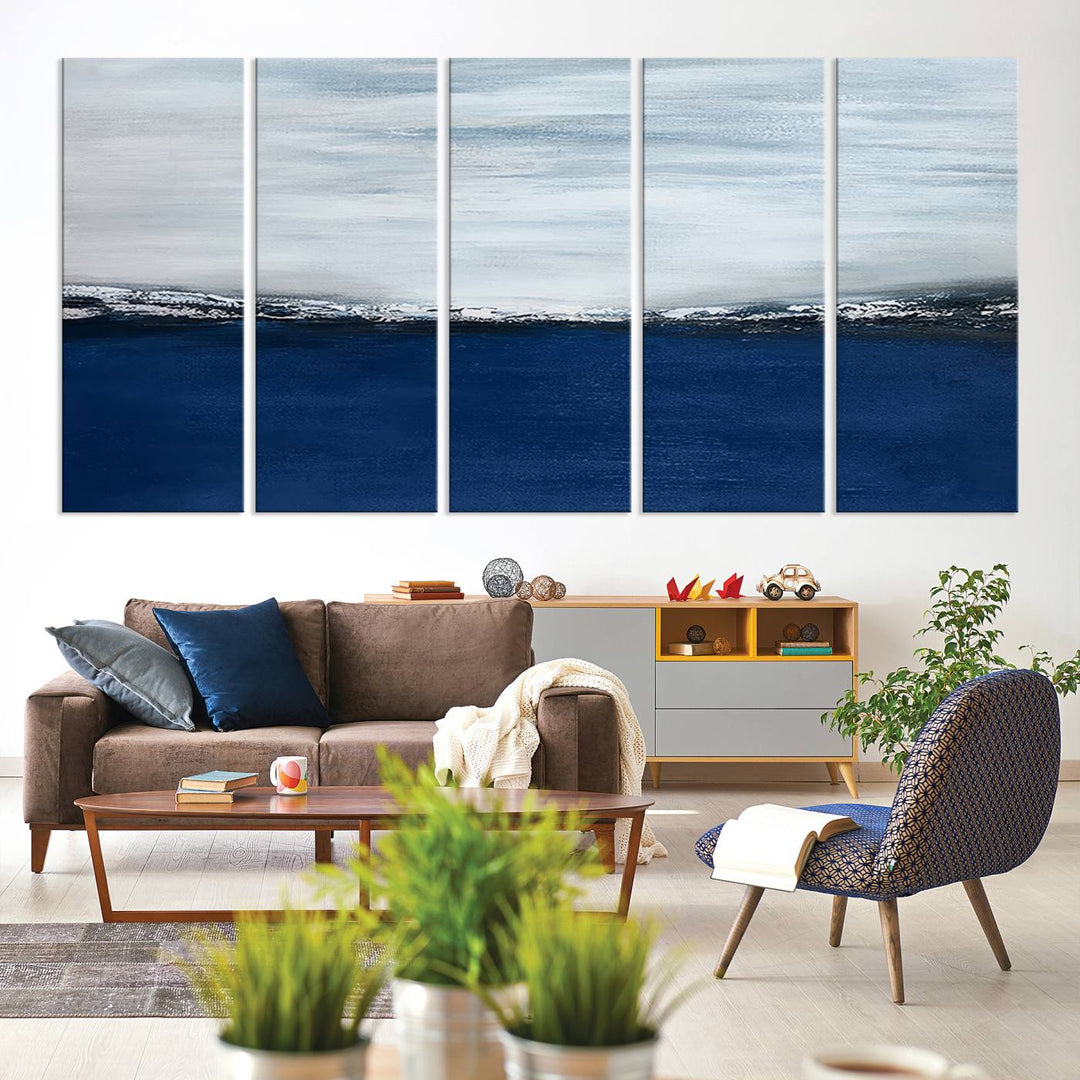 A Navy Blue Abstract Wall Art Canvas Print is displayed above the backsplash.