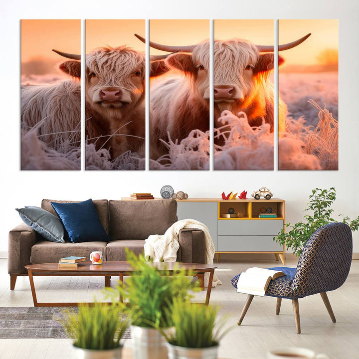 Highland Cows at Sunrise Wall Art adds serene rustic farmhouse charm.