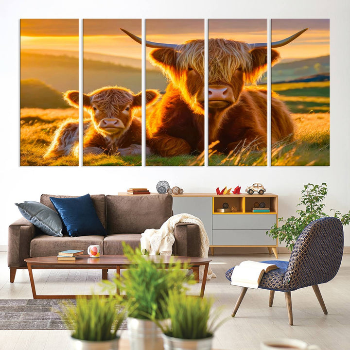 The Scottish Cow and Baby Cow Canvas Wall Art captures sunset fields.