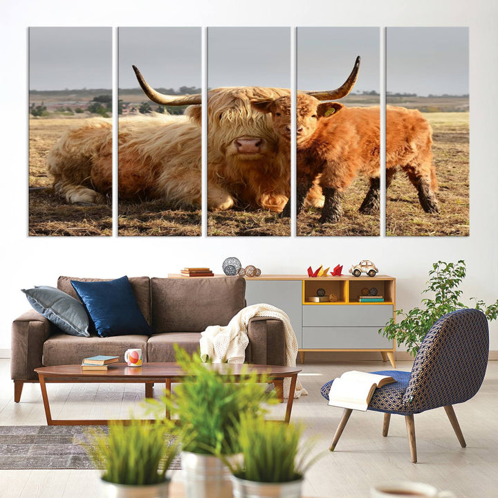 Highland Cow Canvas: a light brown cow and calf in the field, ideal farmhouse decor.