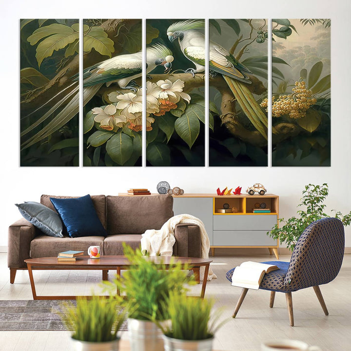 The Tropical Paradise Wall Art features a parrot in a lush forest.