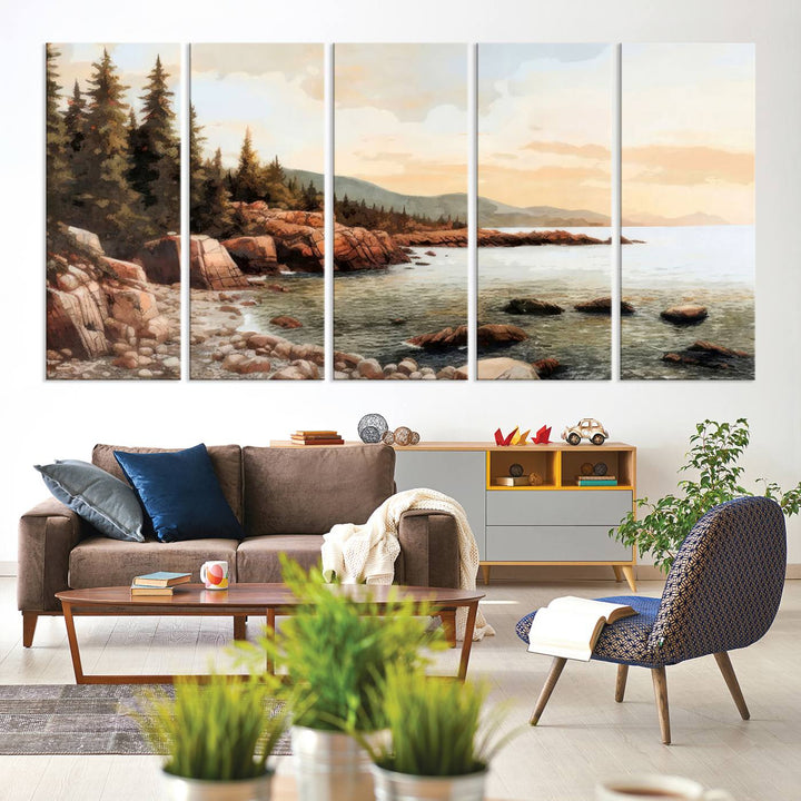 The Serene Coastal View of Acadia National Park 3-panel canvas, framed and ready to hang, adorns the wall.