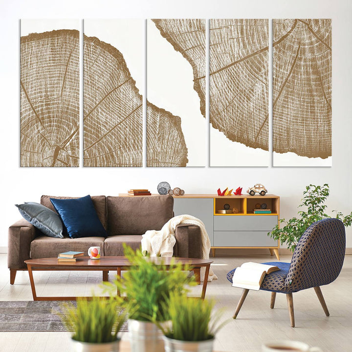 The rustic wall art features two large tree rings, beautifully framed and displayed to create a nature-inspired décor.